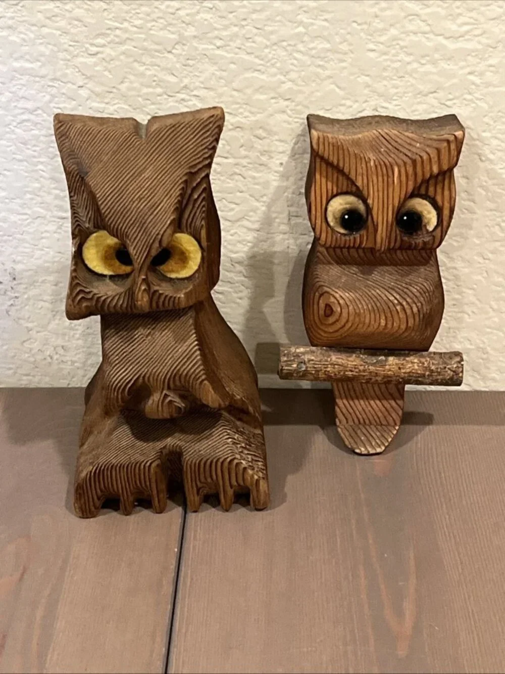 TWO Hand Carved Wooden Owls Big Eyes Folk Art 70s/80s Hanging Shelf Sitter MCM